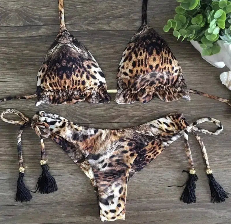 Skull leopard print split bikini-5