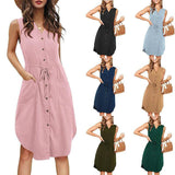 Sleeveless V-neck Buttoned Dress With Pockets Fashion Casual-1