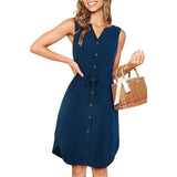 Sleeveless V-neck Buttoned Dress With Pockets Fashion Casual-Dark Blue-4