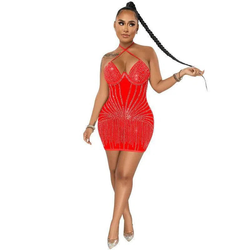 Sling Wrapped Chest Rhinestone Perspective Skirt Dress-Red-8