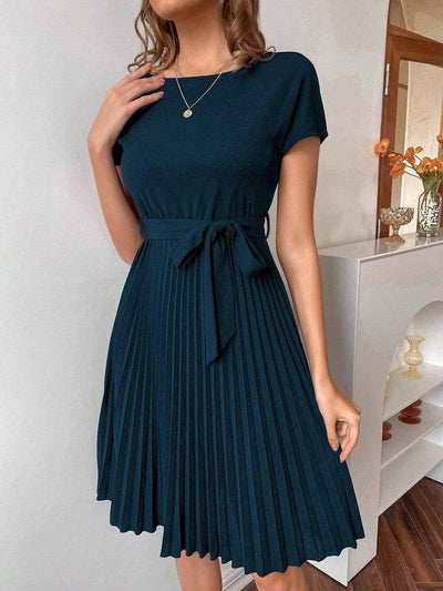 Solid Color Belt Pleated Batwing Sleeve Women Long Dress-10