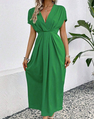 Solid Color Deep V Shoulder Sleeve Folding Elastic Waist-Green-10