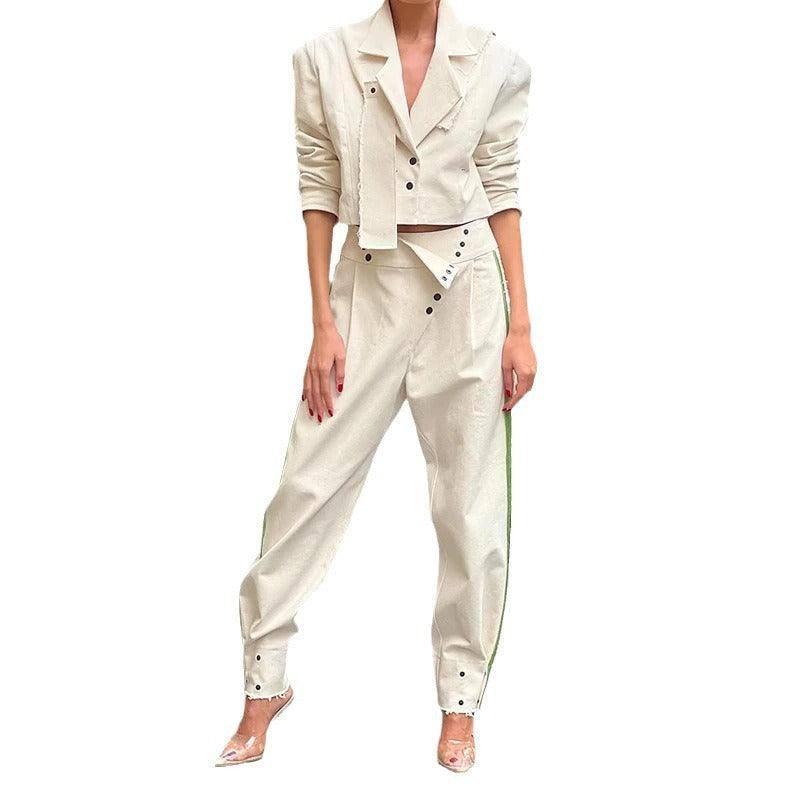 Solid Color Fashion Lapel Short Temperament Trousers Suit-5