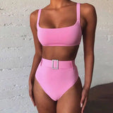 Solid color high waist sexy imitation diamond bikini-Pink-3