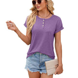 Solid Color Round Neck Button Short Sleeve T-Shirt Summer-Purple-3