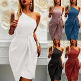 Solid Color Sleeveless Slanted Shoulder Irregular Tie Party-1