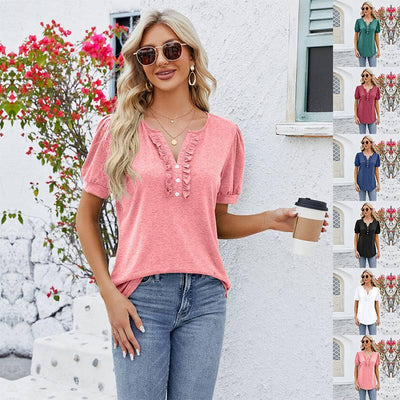 New Solid Color V Neck Button Top Women's Fashion Short Sleeve T-Shirt Summer Womens Clothing-1