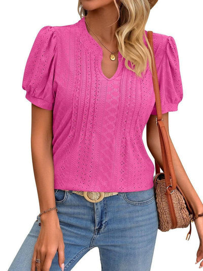 Solid Color V-neck Puff Short-sleeved T-shirt Fashion Summer Striped Hollow Design Loose T-shirt For Womens Clothing-Pink-6