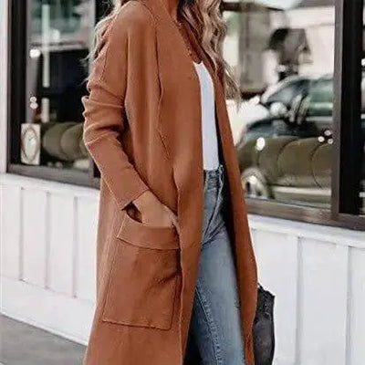 Solid Colour Long Cardigan Pocket Tweed Jacket-Coffee-7