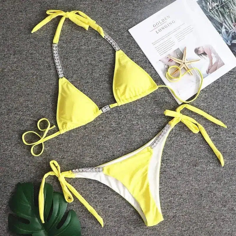 Solid strapless bikini-Yellow-5