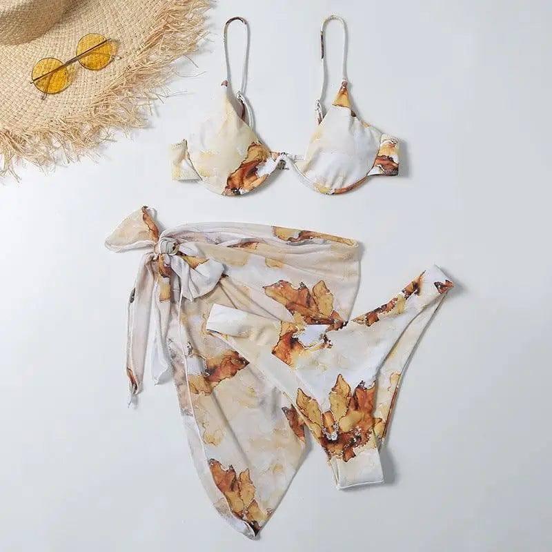 Split Printed Three-piece Swimsuit One-piece Bikini-Yellow-7