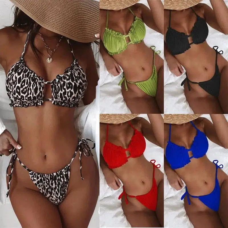 Split Solid Color Low Waist Bikini-1