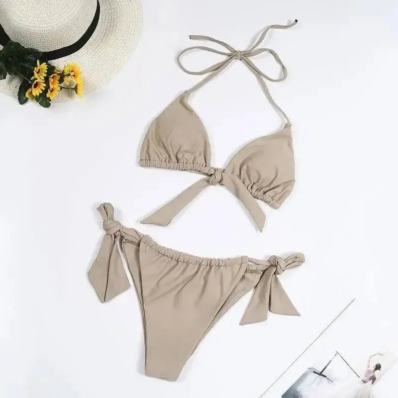 Split Swimsuit Women Multicolor Bikini Halter Neck Tie Big-Lightgrey-7