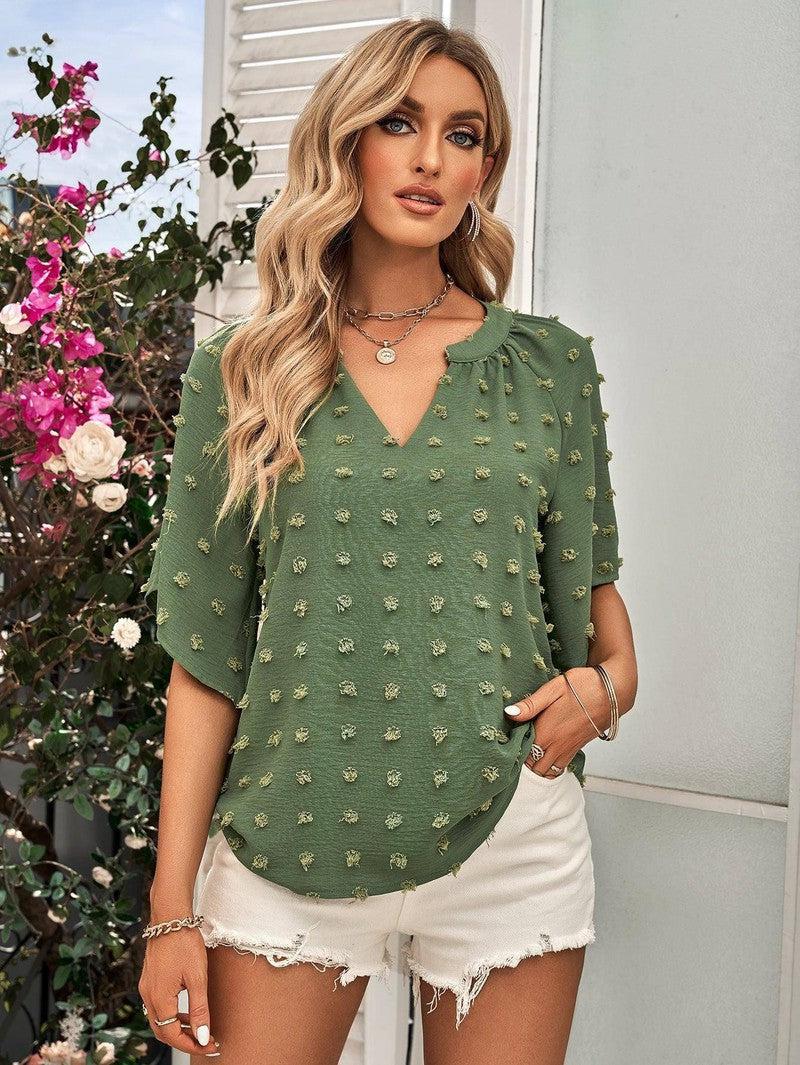 Spring And Summer Women's Clothing Casual Style V-neck Solid-Green-4