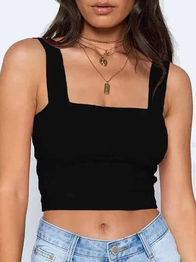 Square Neck Sleeveless Summer Crop Top White Women Black-Black-7