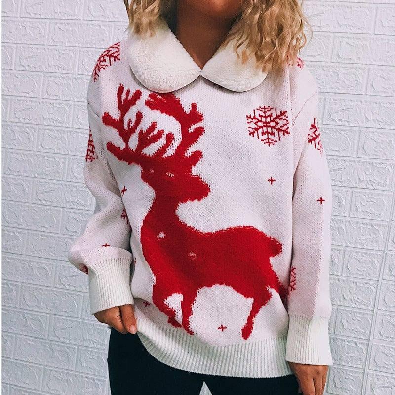 Stitched Lapel Long-sleeved Christmas Themed Sweater-5