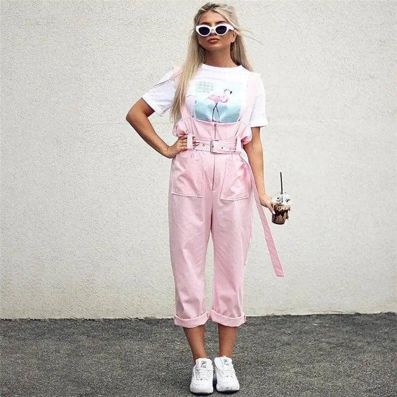 Strap rivet casual pants bib female-Pink-9