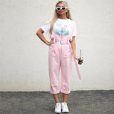 Strap rivet casual pants bib female-Pink-9