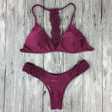 Straps Hand-Knitted Rope Solid Color Bikini Suit Split-Redwine-1