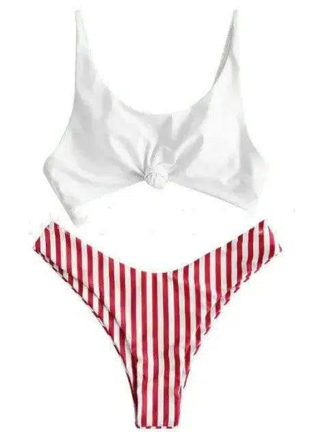 Striped printed bikini split swimsuit-Red-1