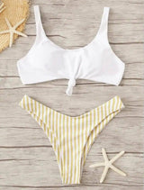 Striped printed bikini split swimsuit-Yellow-2