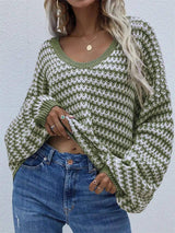 Striped Sweater V-neck Sweater-Dark green-7