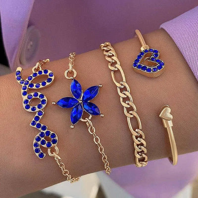 4pcs Blue Flower Love Butterfly Bracelet Set With Rhinestones Design Valentines Day-1