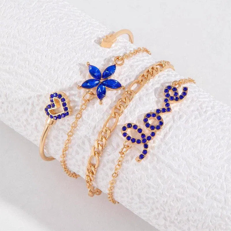 4pcs Blue Flower Love Butterfly Bracelet Set With Rhinestones Design Valentines Day-5