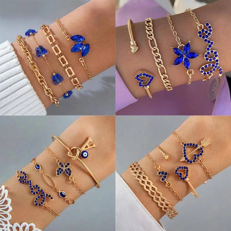 4pcs Blue Flower Love Butterfly Bracelet Set With Rhinestones Design Valentines Day-9