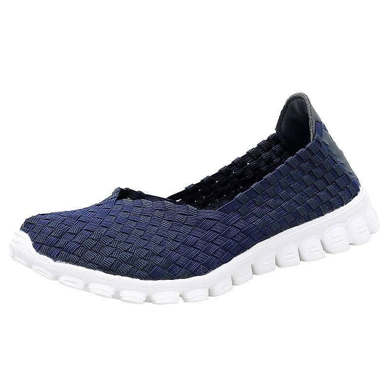 Women Shoes Summer Casual Flats Breathable Female Sneakers Woven Walking Shoes Slip On Ladies Loafers Handmade Shoes Size 35-40-Navy Blue-5