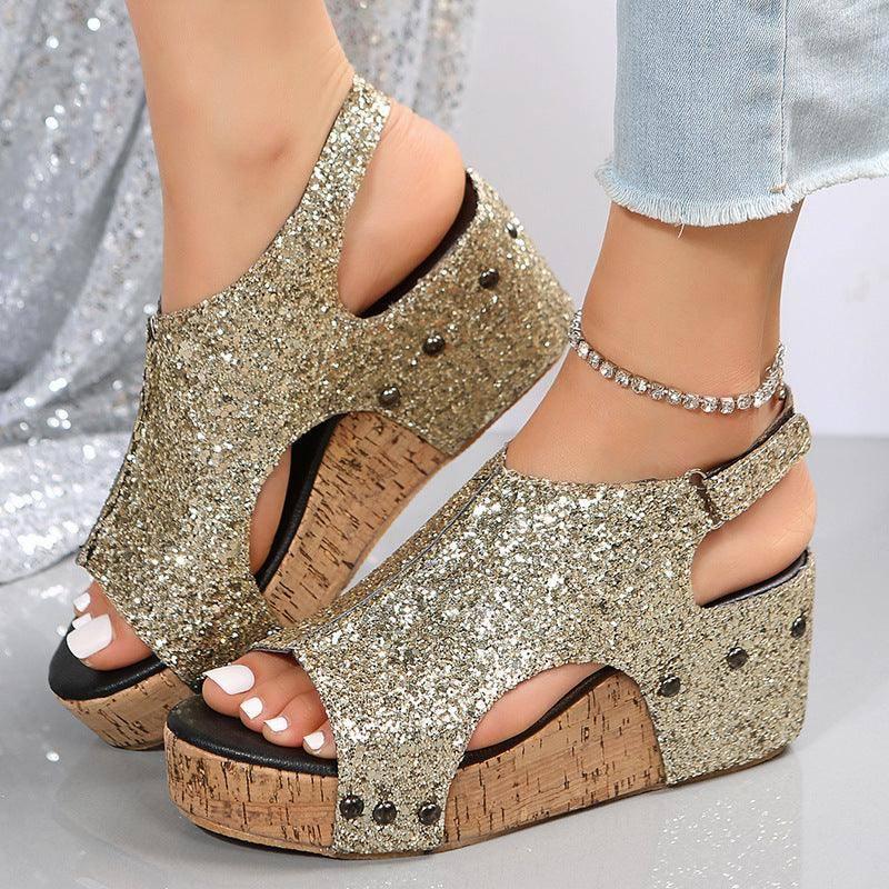 Summer Chunky Wedges Sandals Fashion Sequins Velcro Shoes-1