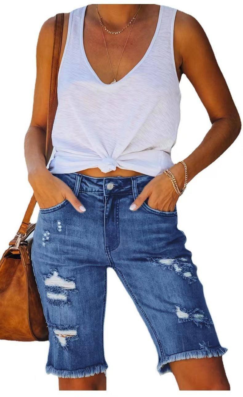 Summer Mid-waist Slim-fit Cropped Pants Ripped Tassel Jeans-2