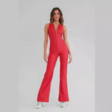 Summer Slim Heart-shape Backless Denim Jumpsuit Women Halter-Red-3