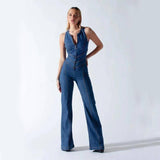 Summer Slim Heart-shape Backless Denim Jumpsuit Women Halter-Blue-7