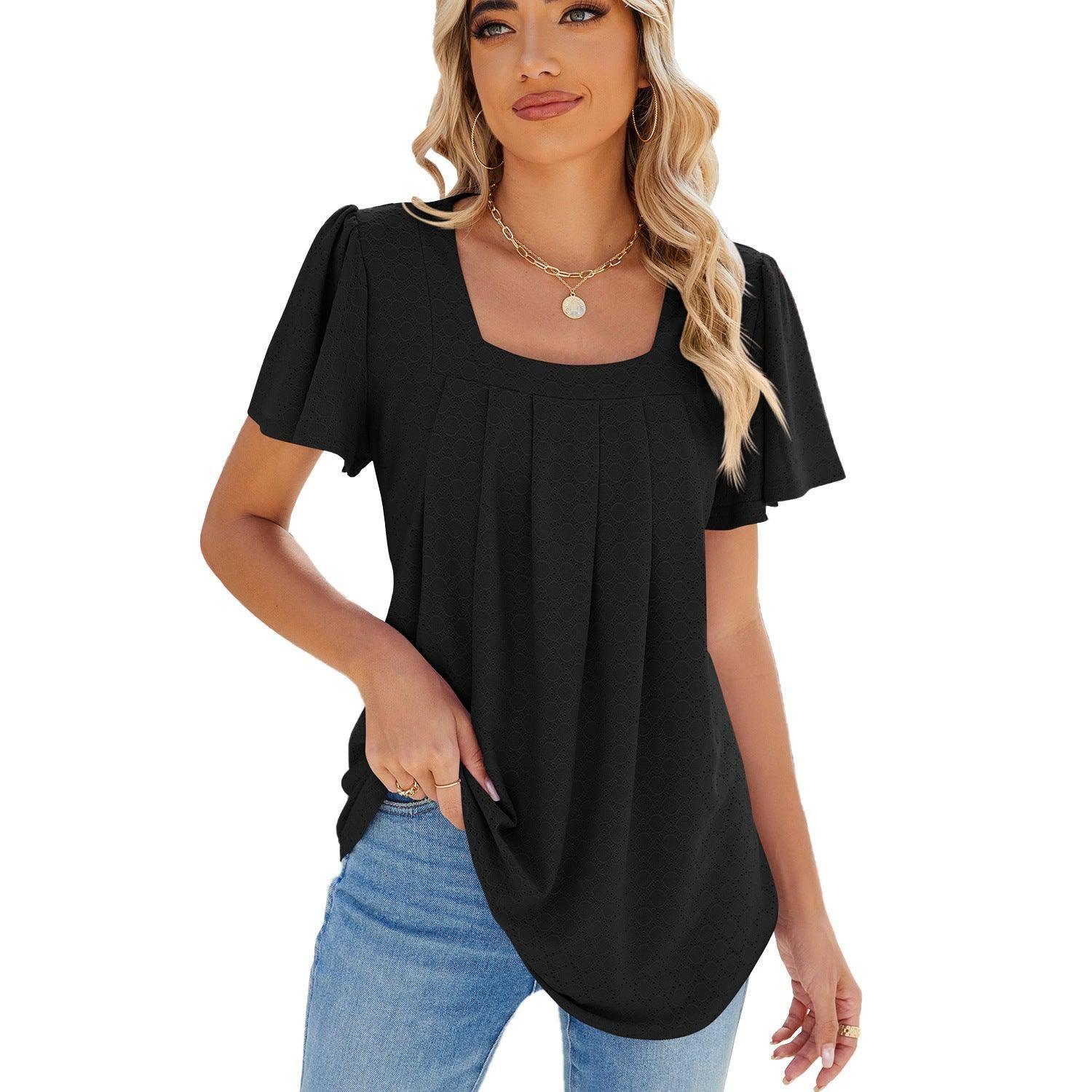 Summer Square Neck Pleated Short-sleeved T-shirt Loose Solid-Black-3