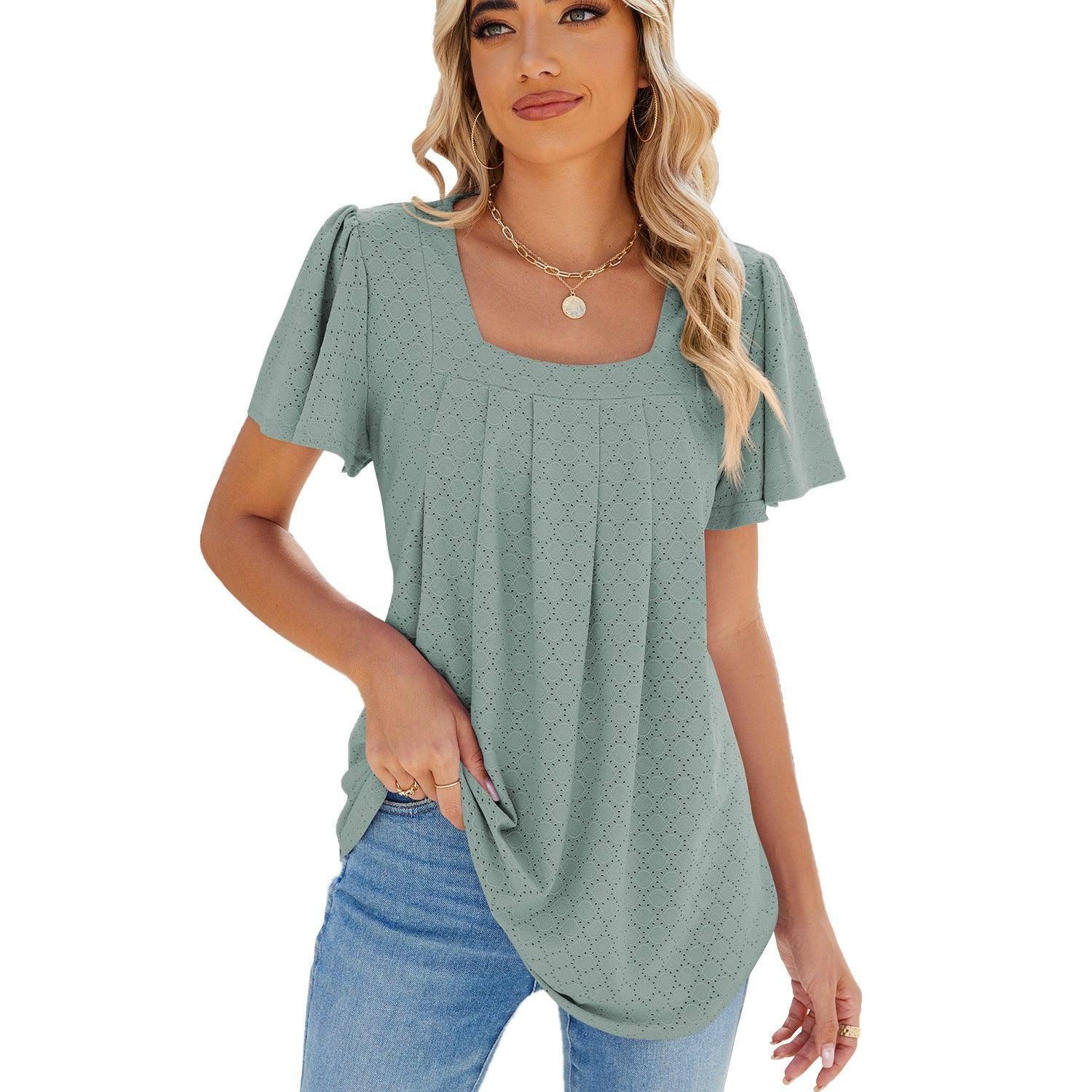 Summer Square Neck Pleated Short-sleeved T-shirt Loose Solid-Dark Green-4