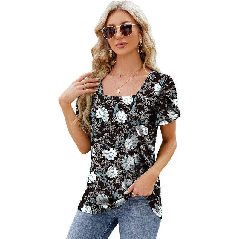 Summer Top Fashion Square Neck Printed Short-sleeved T-shirt With Petal Sleeve Design Bohemian Beach Loose T-shirt For Womens Clothing-Black White Flower-8