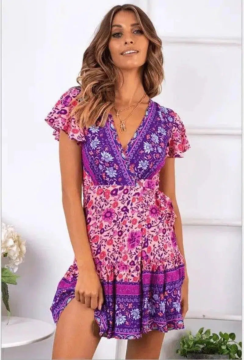 Summer V-neck bohemian print dress skirt women-Fuchsia-22