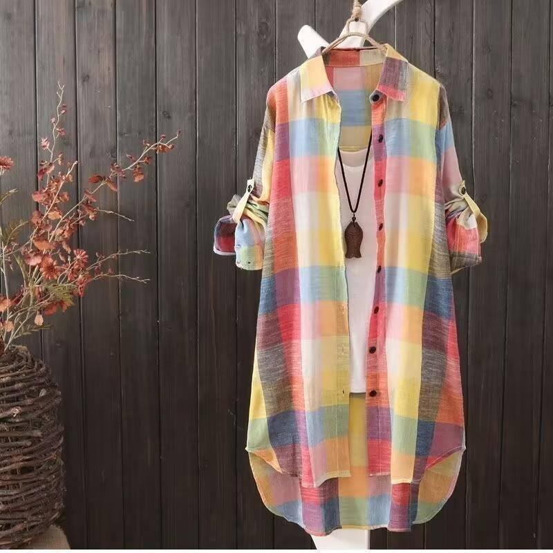 Sunscreen shirt women's medium length plaid shirt women's-yellow-4