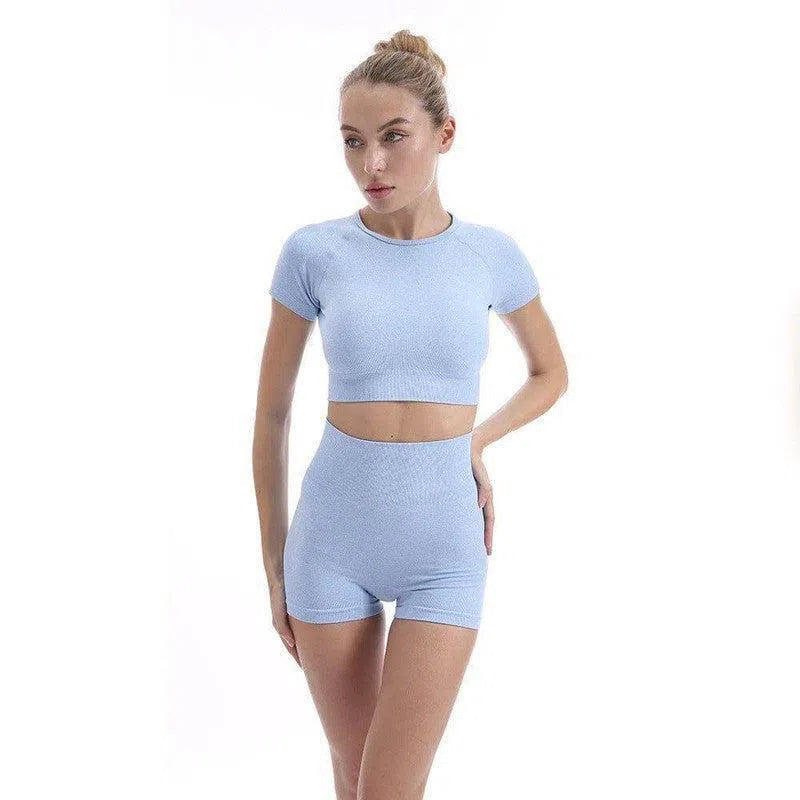 Super Elastic Exposed Navel Sports Short Sleeve Suit Women-Blue Suit-3