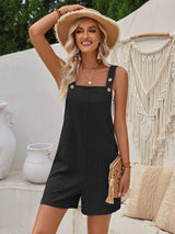 Sweet Waffle Jumpsuit Girls Summer Sleeveless Button Design Straight Solid Color Overalls Fashion Womens Clothing-Black-6