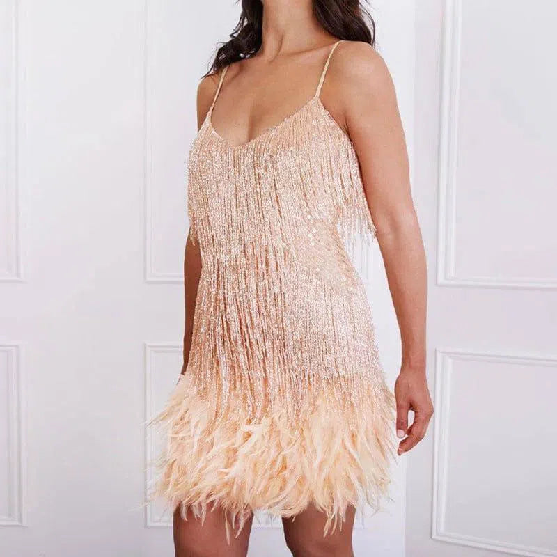 Tassel Stitching Feather Sequins Dress-Champagne-10