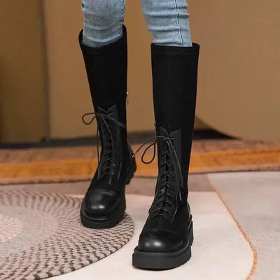 Thick-soled Thinner Lace-up Knight Boots Women Are Small But-Black-5