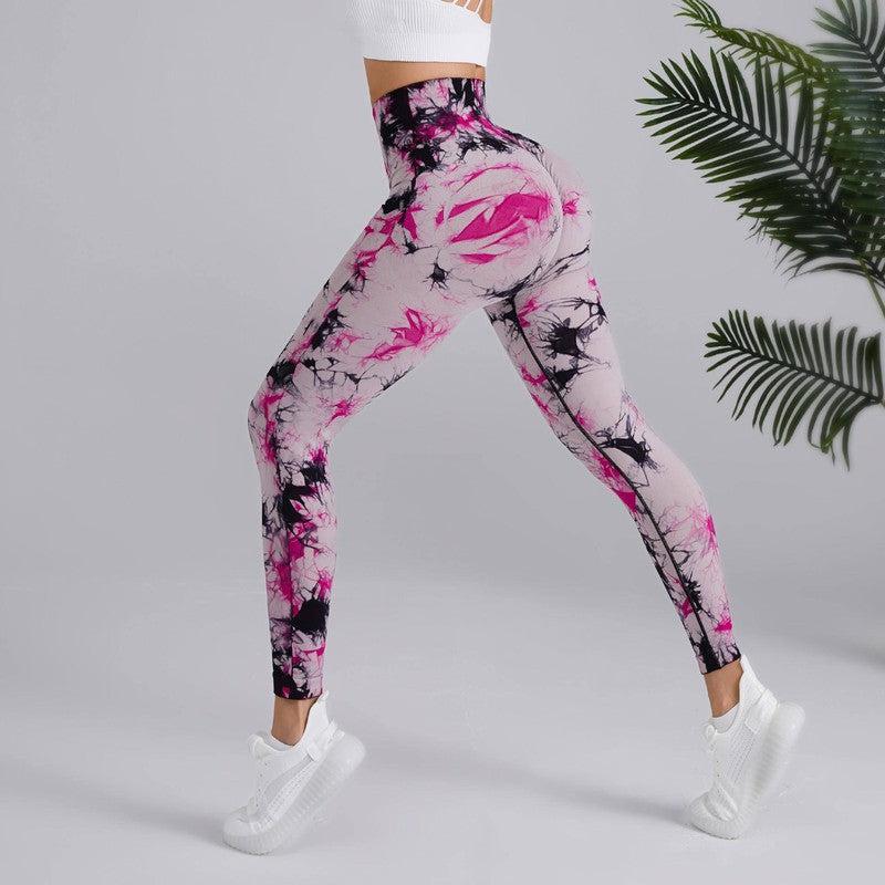 Tie-dye Printed Yoga Pants Fashion Seamless High-waisted-Red Black-8