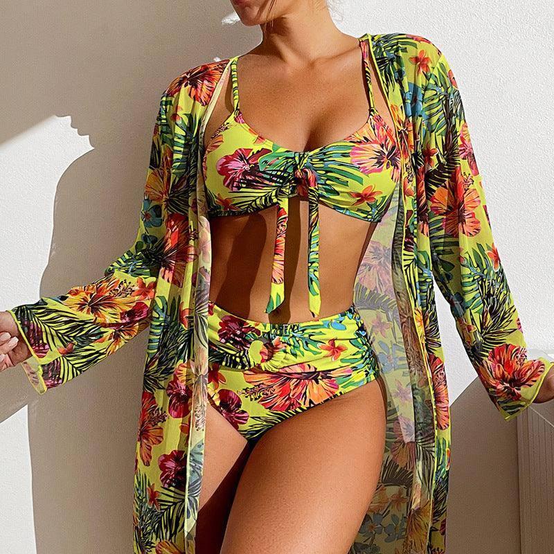 Tropical Print Swimwear Set with Kimono-Fluorescein-3