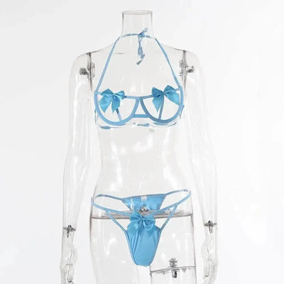 Two-piece Set Of Hollow Female Lingerie With Bow Tie-SkyBlue-6