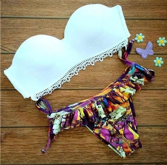 Two-piece Swimsuit Bikini Floral Print Split Swimsuit-White-1