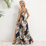 V-neck Floral Print Long Dress Summer Fashion Waist Tie Slit-3