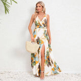 V-neck Floral Print Long Dress Summer Fashion Waist Tie Slit Design Sleeveless Dress For Womens Clothing-White-4