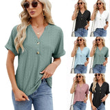 V-neck Rolled Hem Short-sleeved Top Summer Fashion Button Hollow Design Loose Casual T-shirt Womens Clothing-10